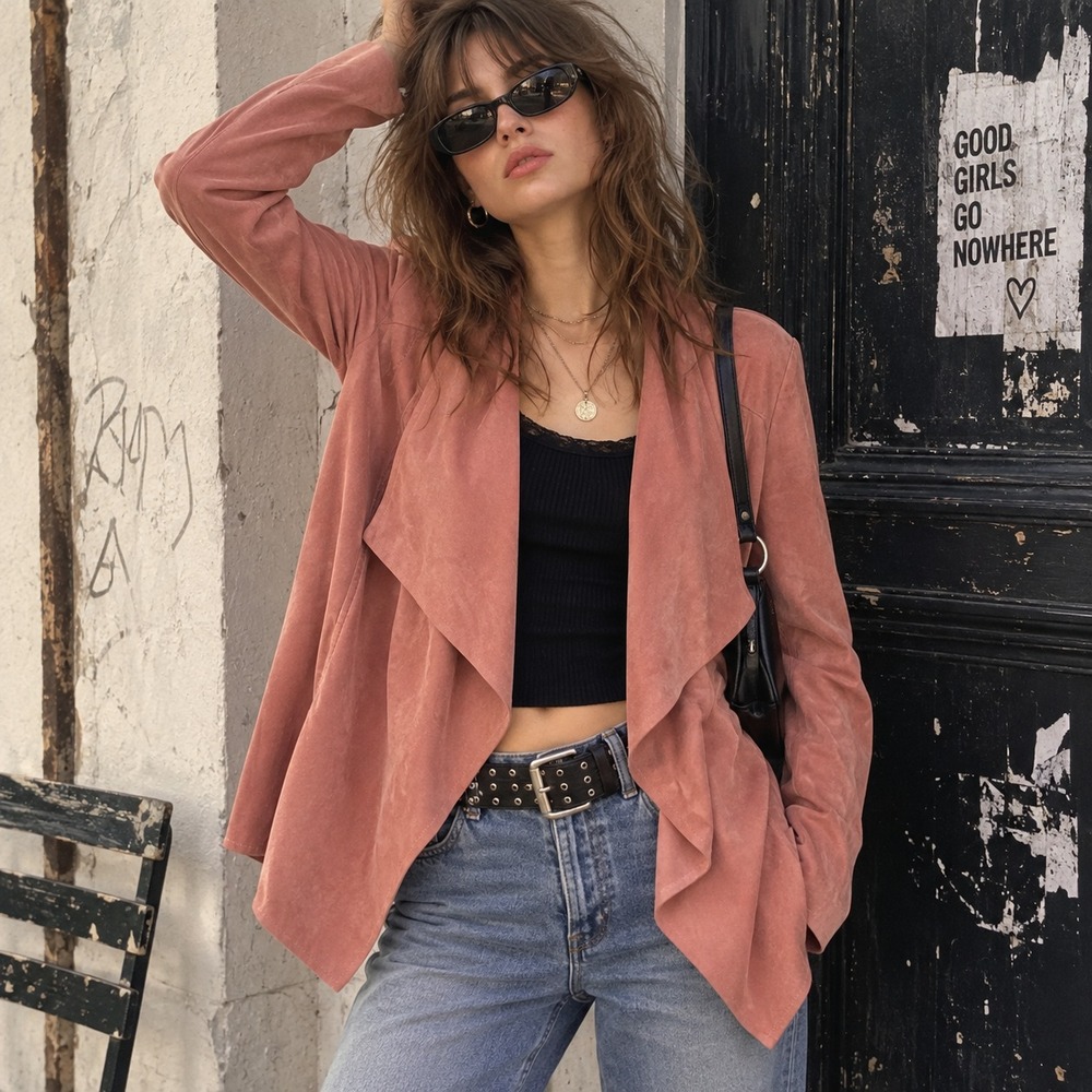 KUT From The Kloth Womens Draped Open Front Faux Suede Jacket Sz L Boho Western